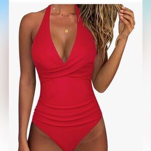SUUKESS M NWOT Red Halter TWIST BUST RUCHED SIDES One-Piece Swimsuit